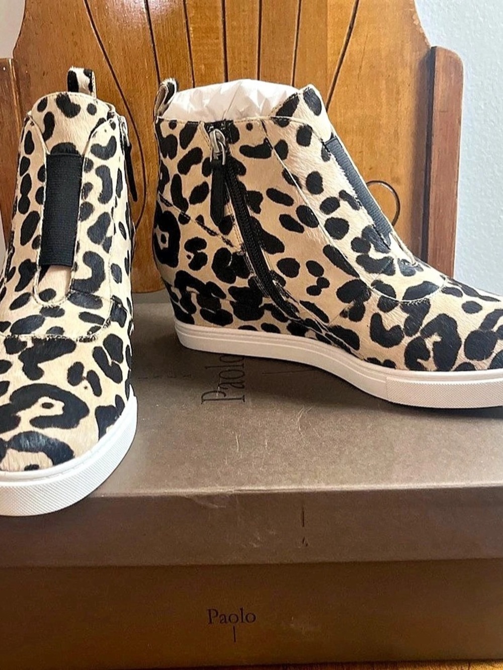 Paolo Leopard Print Leather Wedge Sneakers Leopard Print.  Brand New
